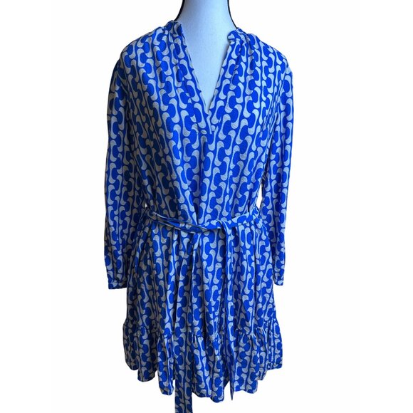 Zara Womens Blue White Flowy Dress With Belt Long Sleeves Ruffle Hem Size S - Picture 11 of 13